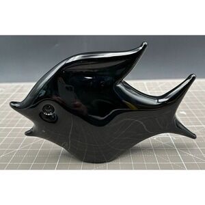 Vintage Art Glass Guppy Fish Black Paperweight Marcolin signed numbered Sweden